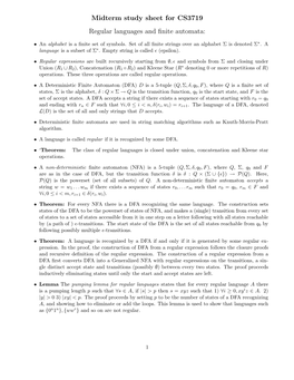 Midterm Study Sheet for CS3719 Regular Languages and Finite