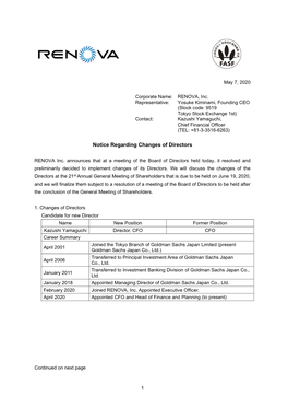 May 7Th, 2020 Company Notice Regarding Changes of Directors