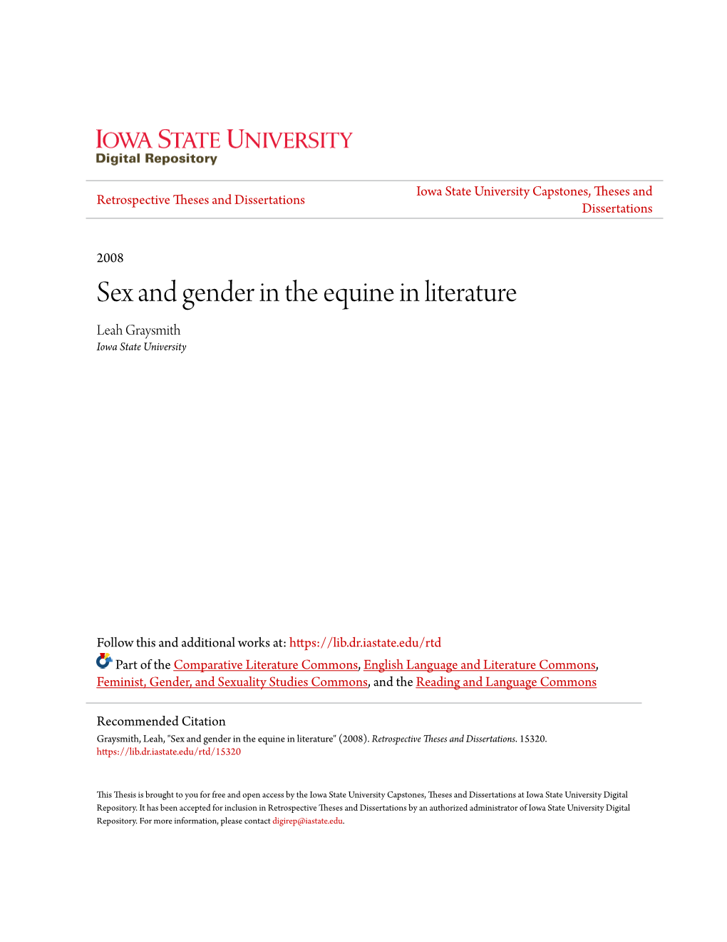 Sex and Gender in the Equine in Literature Leah Graysmith Iowa State University