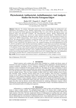 Phytochemical, Antibacterial, Antiinflammatory and Analgesic Studies on Swertia Tetragona Edgew