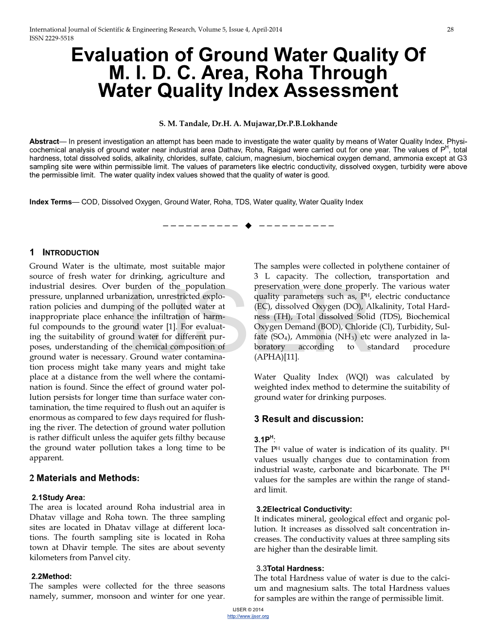 Evaluation of Ground Water Quality of MIDC Area, Roha Through Water