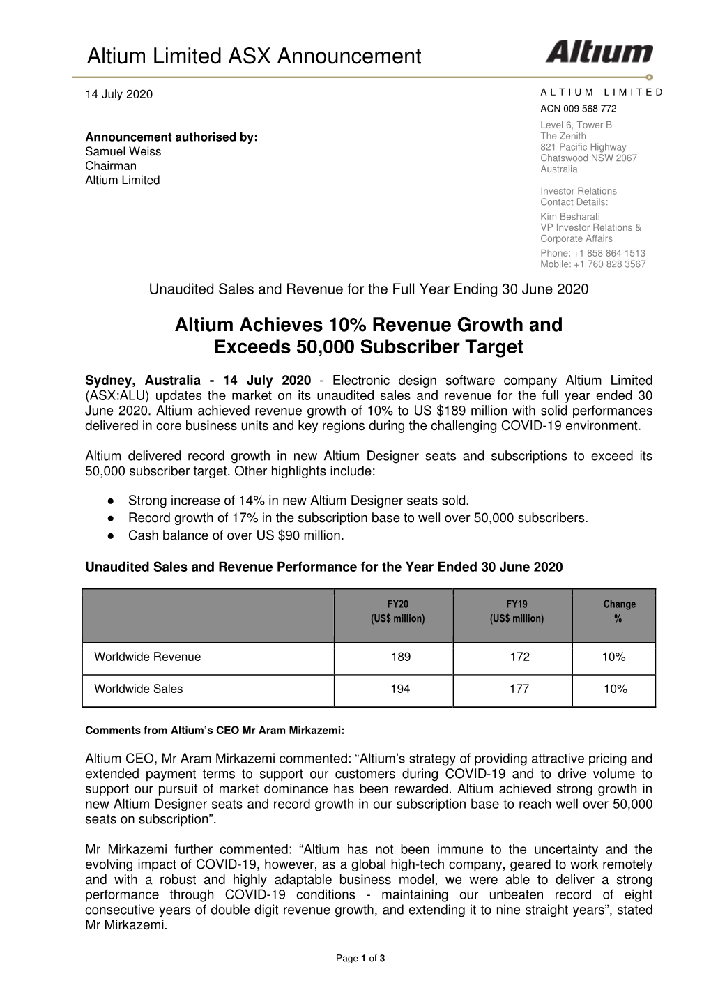 Altium Limited ASX Announcement