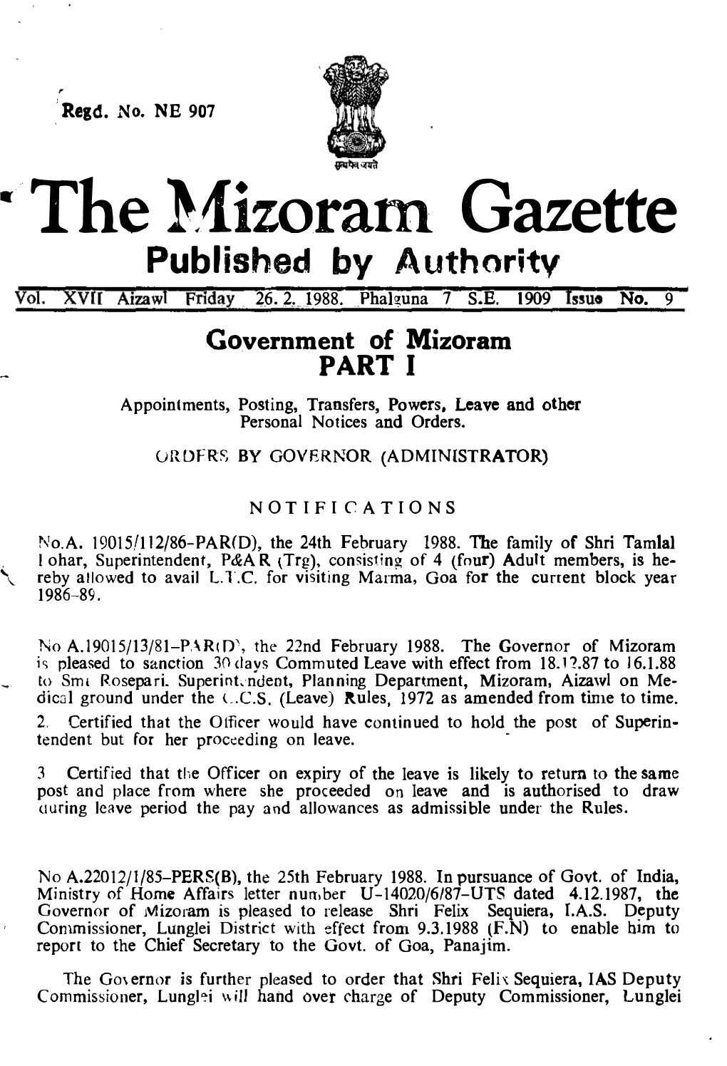 the },T{Izoram Gazette Published by Authoritv