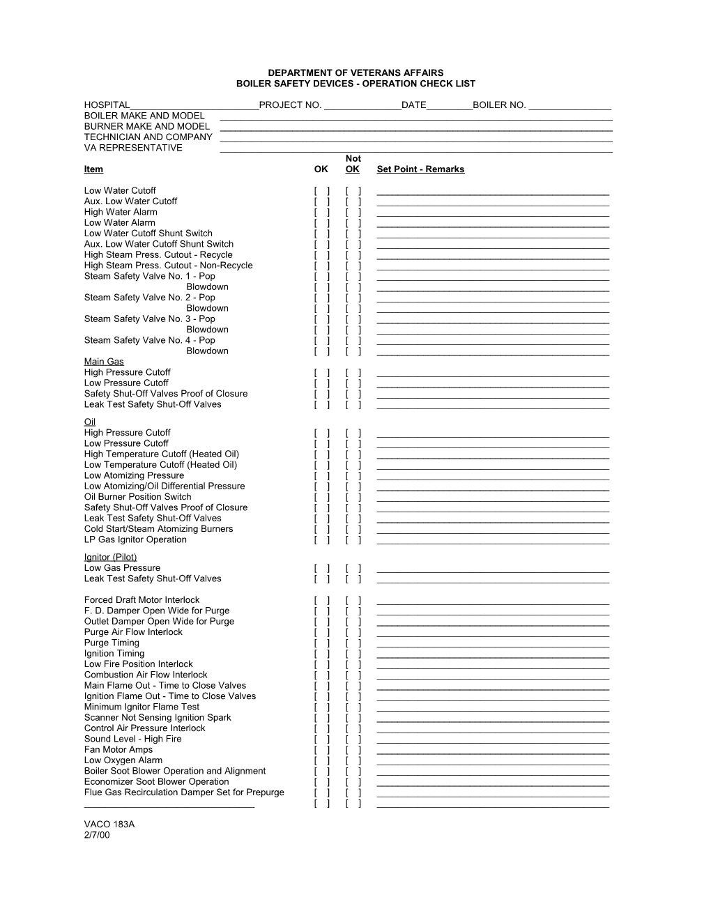 Operation Checklist - Boiler Safety Devices