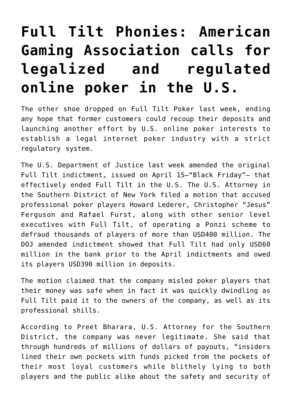 Full Tilt Phonies: American Gaming Association Calls for Legalized and Regulated Online Poker in the U.S