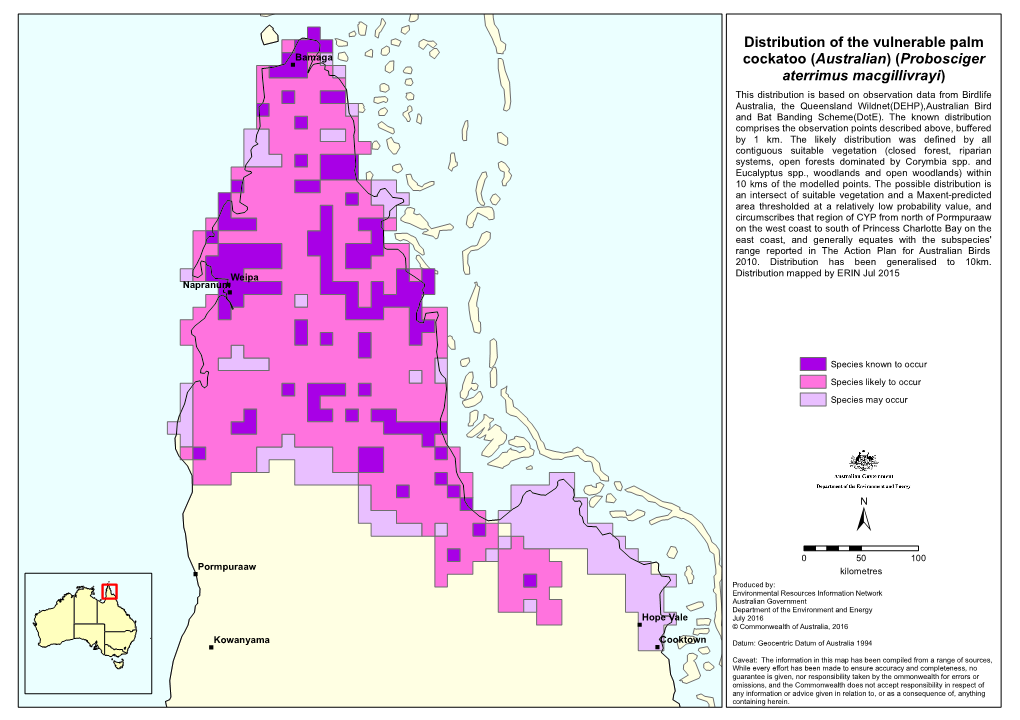 Distribution of the Vulnerable Palm Cockatoo (Australian) (Probosciger