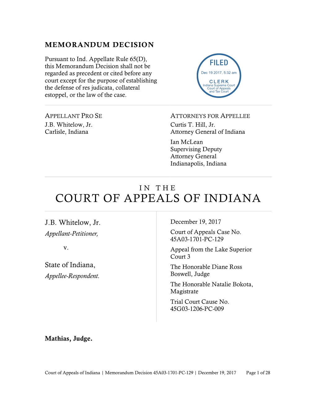 J.B. Whitelow, Jr. V. State of Indiana