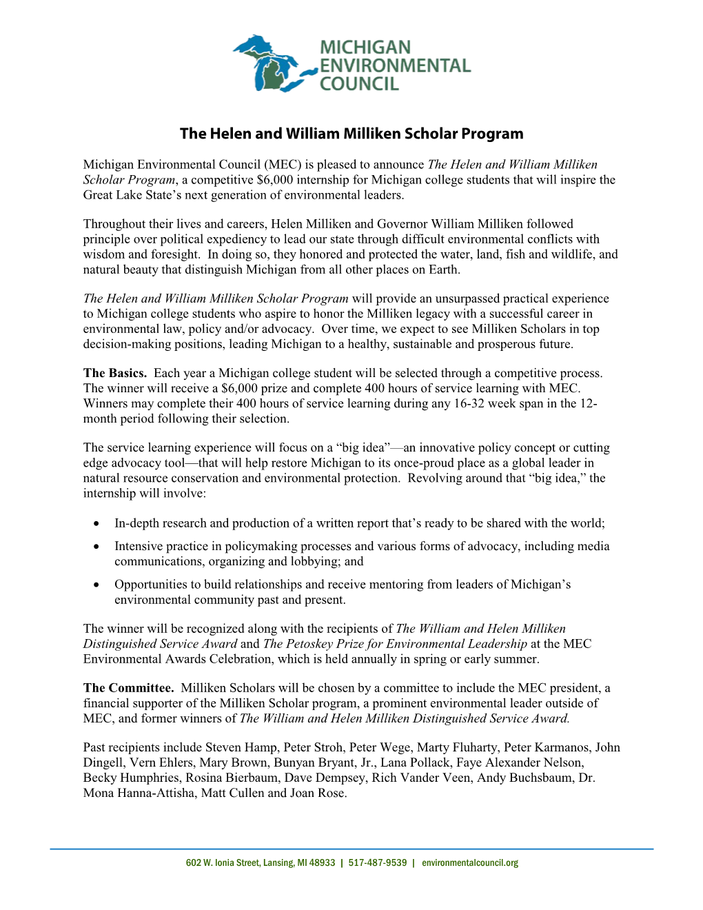 The Helen and William Milliken Scholar Program