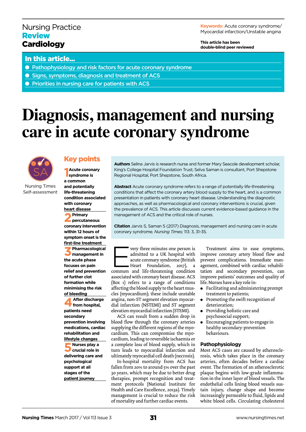 Diagnosis, Management and Nursing Care in Acute Coronary Syndrome