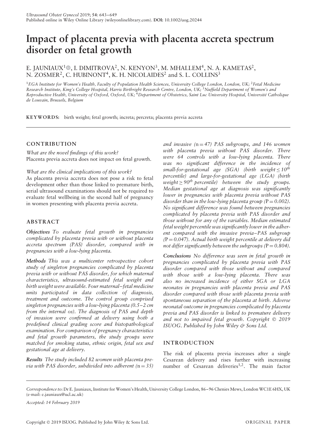 Impact of Placenta Previa with Placenta Accreta Spectrum Disorder on Fetal Growth