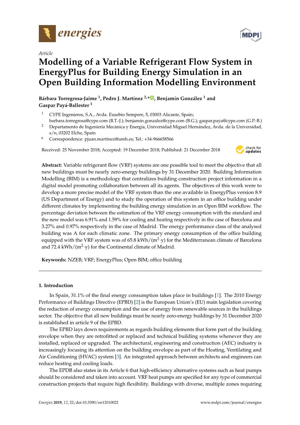 Modelling of a Variable Refrigerant Flow System in Energyplus for Building Energy Simulation in an Open Building Information Modelling Environment