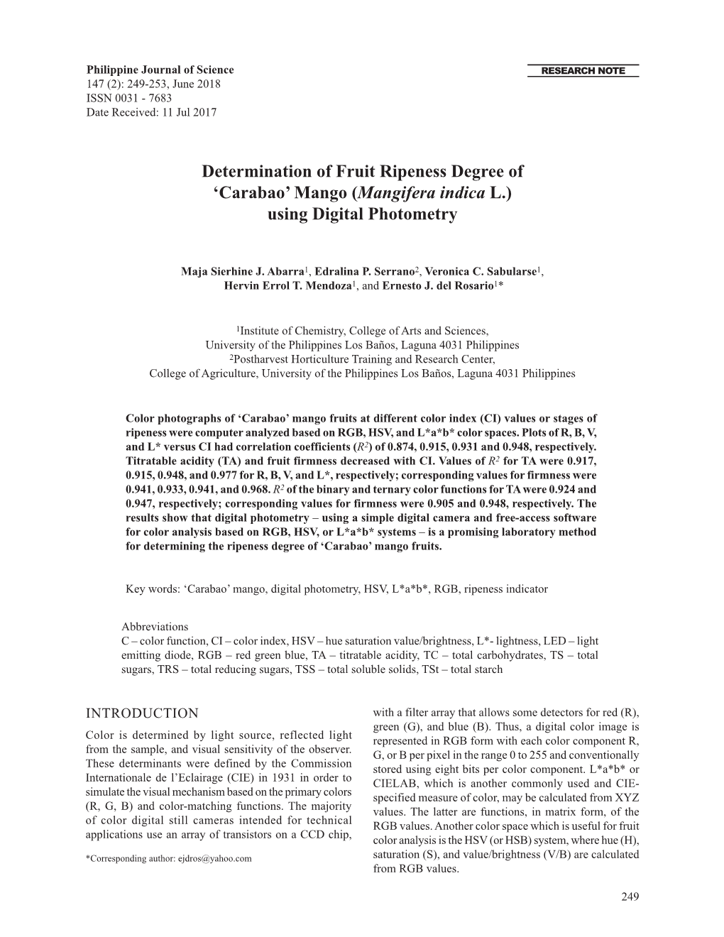 Determination of Fruit Ripeness Degree of 'Carabao' Mango