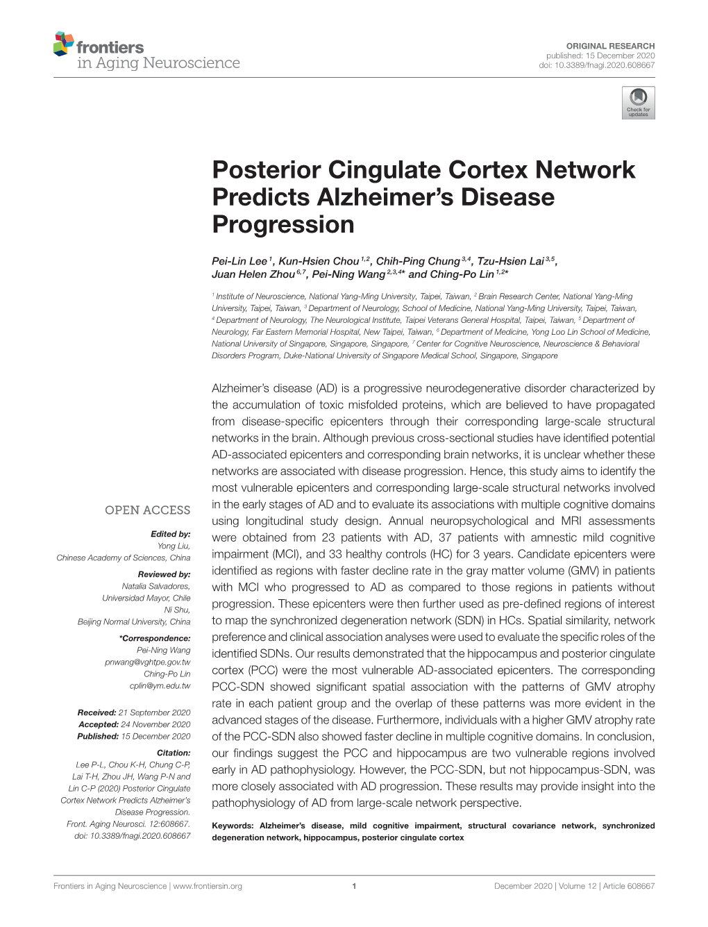 Posterior Cingulate Cortex Network Predicts Alzheimer's Disease Progression
