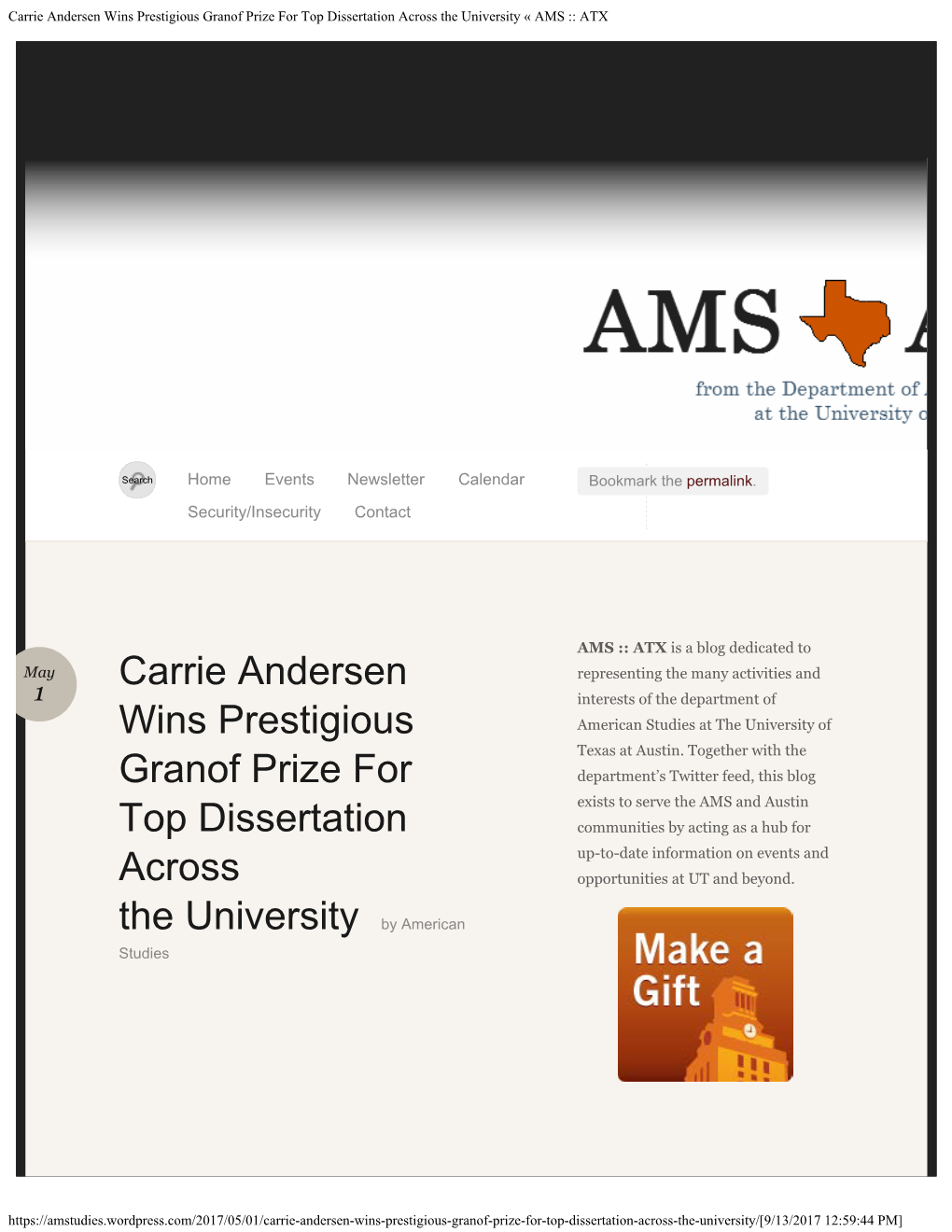 Carrie Andersen Wins Prestigious Granof Prize for Top Dissertation Across the University « AMS :: ATX