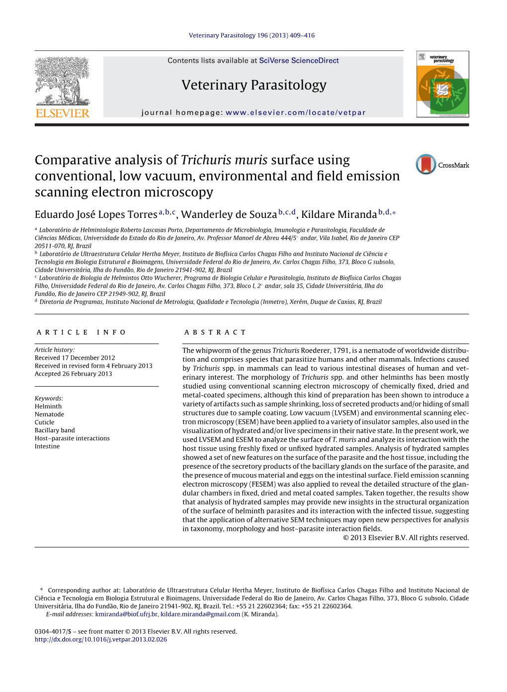Comparative Analysis of Trichuris Muris Surface Using Conventional, Low Vacuum, Environmental and ﬁeld Emission Scanning Electron Microscopy