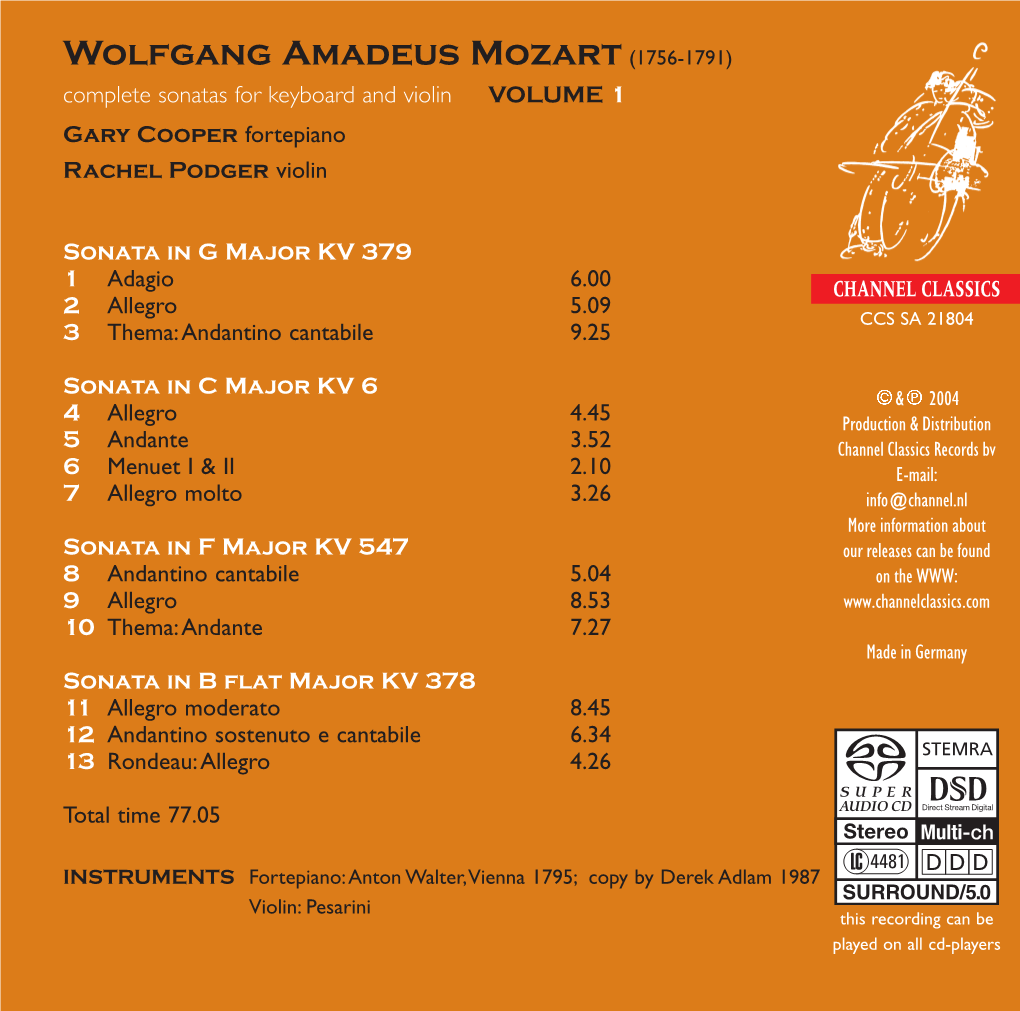 Wolfgang Amadeus Mozart (1756-1791) Complete Sonatas for Keyboard and Violin VOLUME 1 W.A