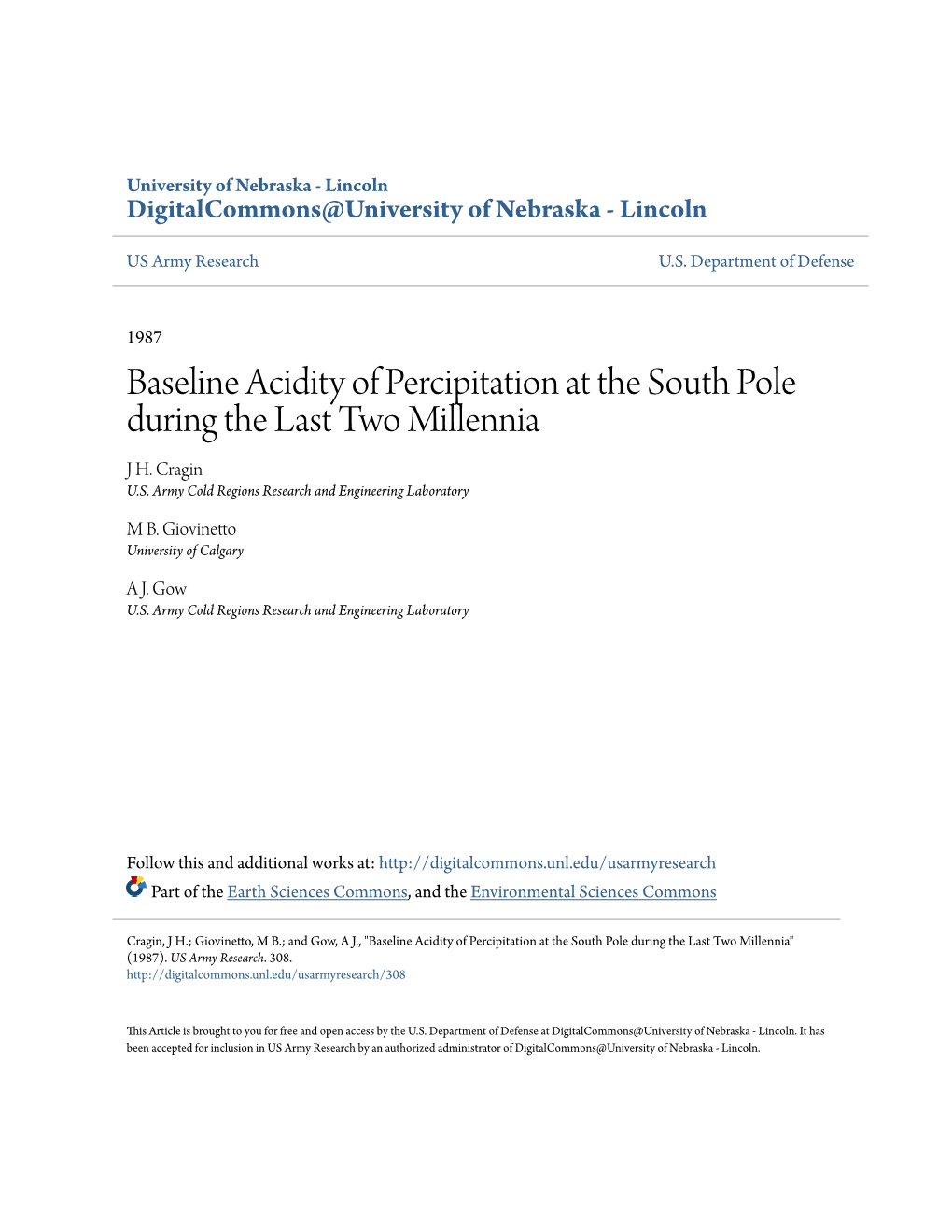 Baseline Acidity of Percipitation at the South Pole During the Last Two Millennia J H