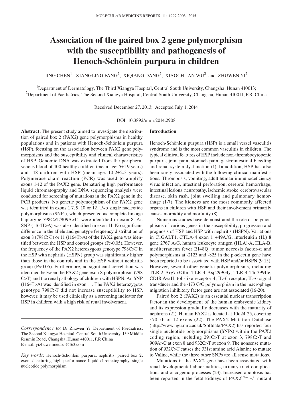 Association of the Paired Box 2 Gene Polymorphism with the Susceptibility and Pathogenesis of Henoch‑Schönlein Purpura in Children