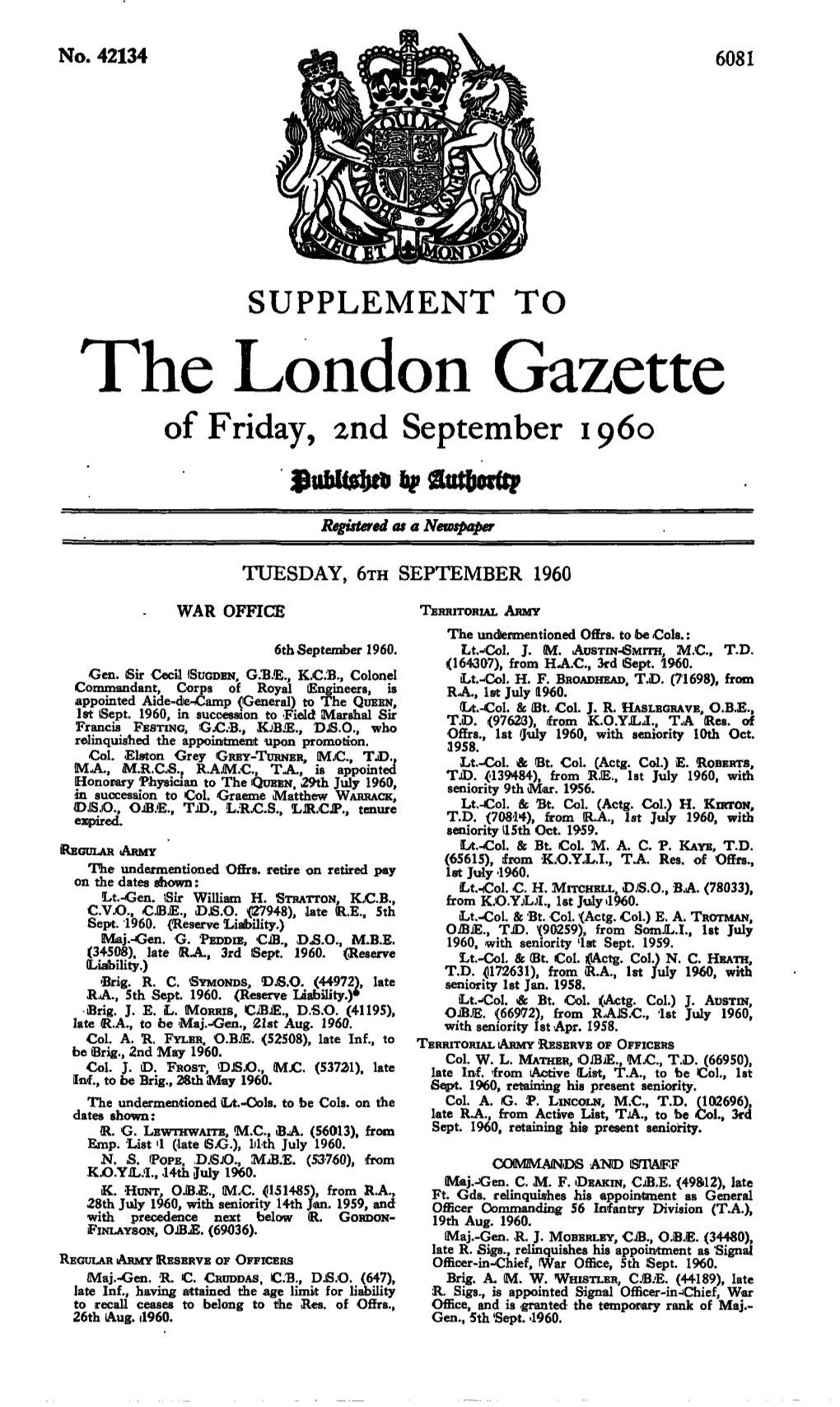 The London Gazette of Friday, 2Nd September 1960 Hf Sutfjorftp