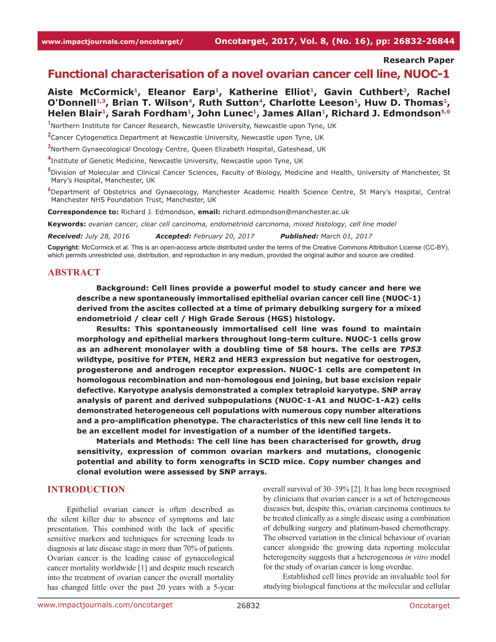 Functional Characterisation of a Novel Ovarian Cancer Cell Line, NUOC-1