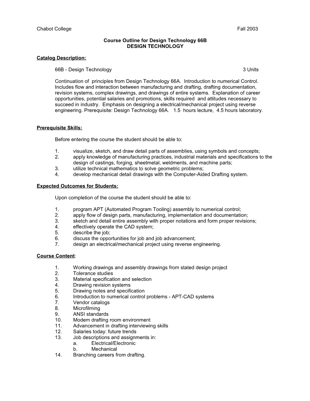 Course Outline for Design Technology 66B