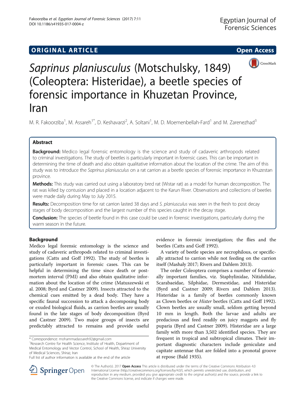 Saprinus Planiusculus (Motschulsky‚ 1849) (Coleoptera: Histeridae), a Beetle Species of Forensic Importance in Khuzetan Province, Iran M