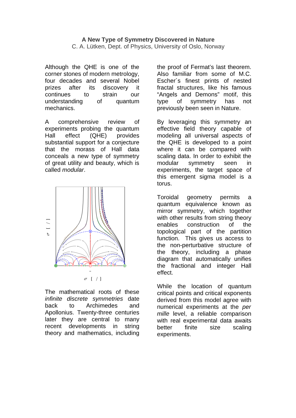 A New Type of Symmetry Discovered in Nature C. A. Lütken, Dept. of Physics, University of Oslo, Norway