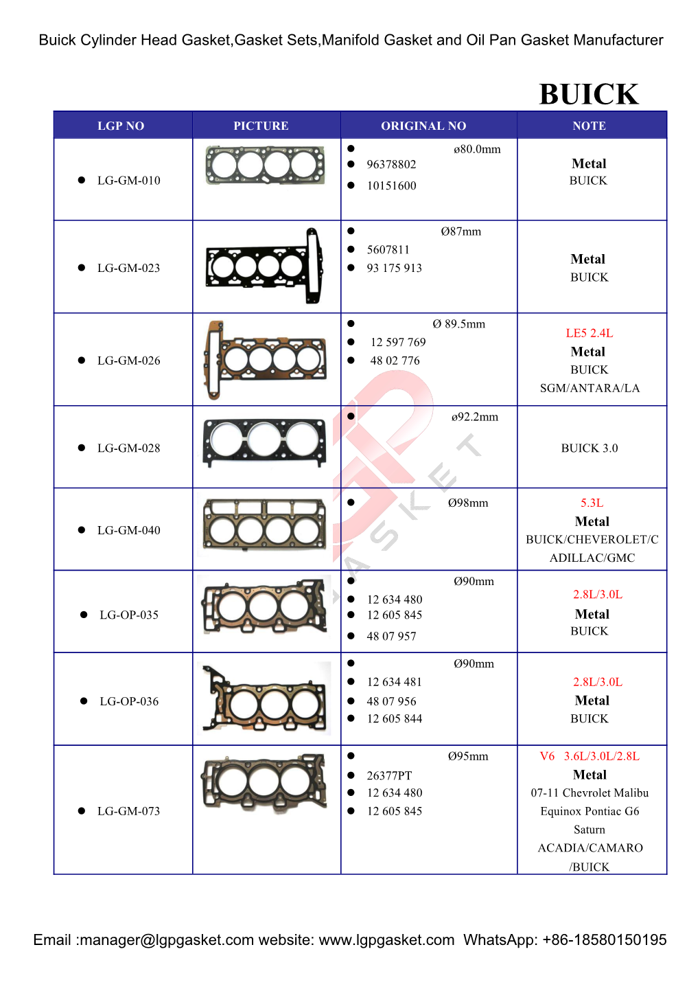 Buick Cylinder Head Gasket,Gasket Sets,Manifold Gasket and Oil Pan Gasket Manufacturer