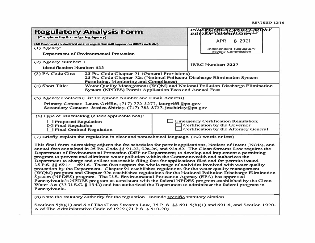 Regulatory Analysis Form