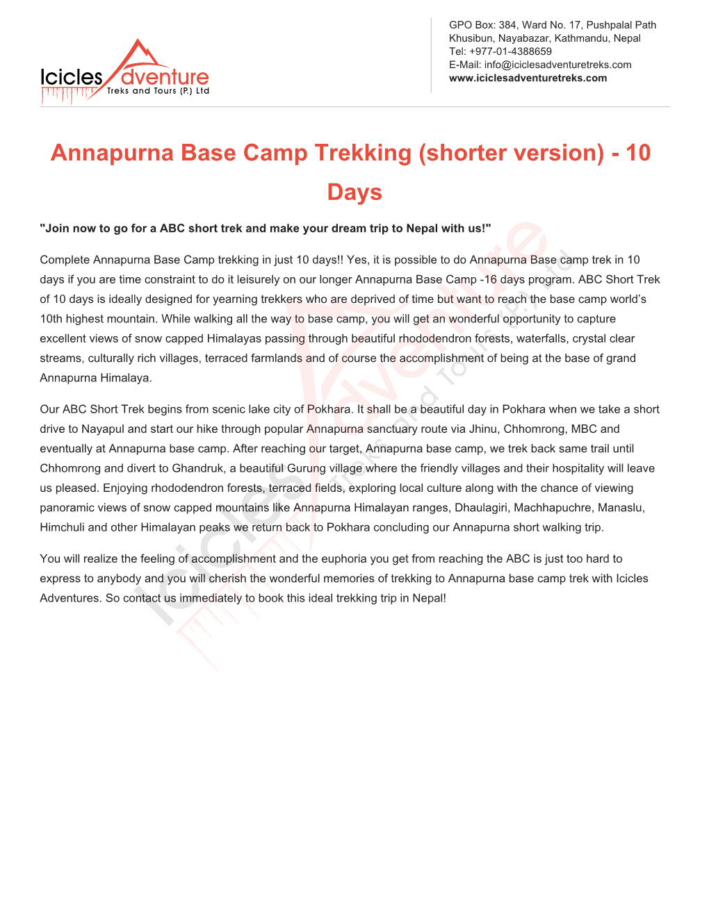 Annapurna Base Camp Trekking (Shorter Version) - 10 Days