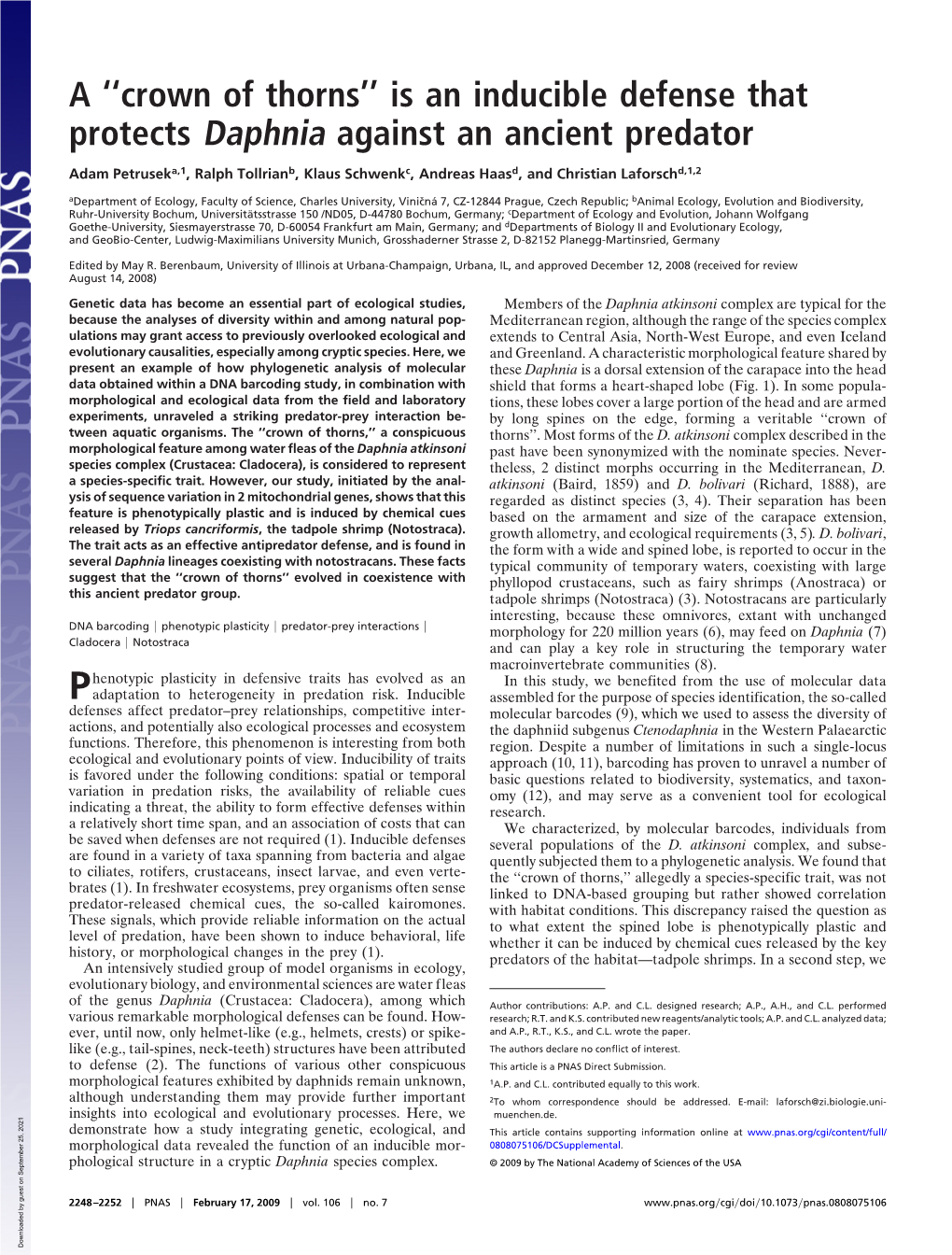 A ''Crown of Thorns'' Is an Inducible Defense That Protects Daphnia Against an Ancient Predator