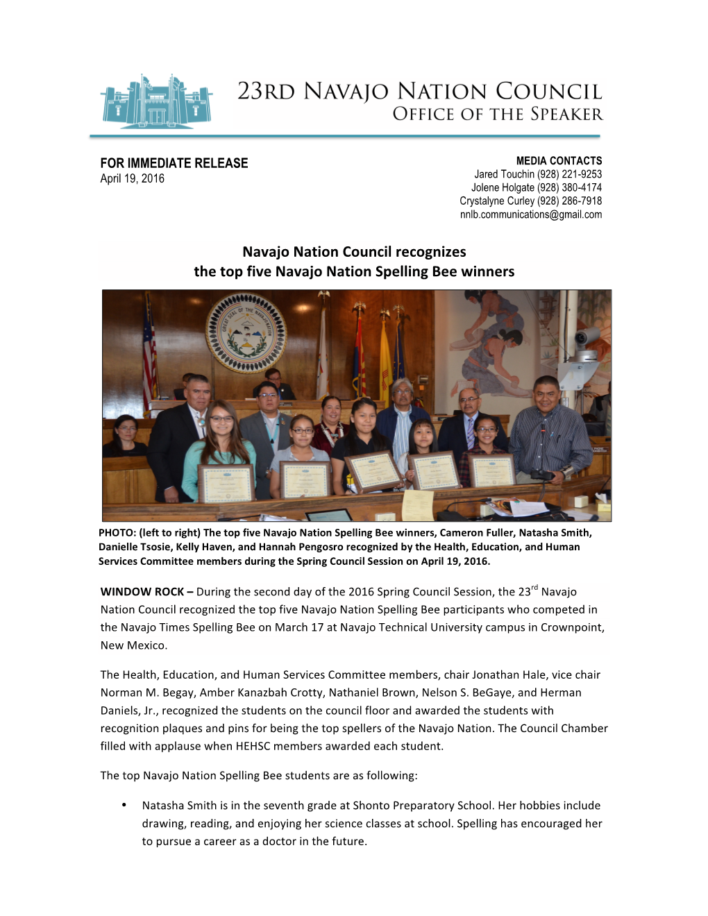 Navajo Nation Council Recognizes the Top Five Navajo Nation Spelling Bee Winners