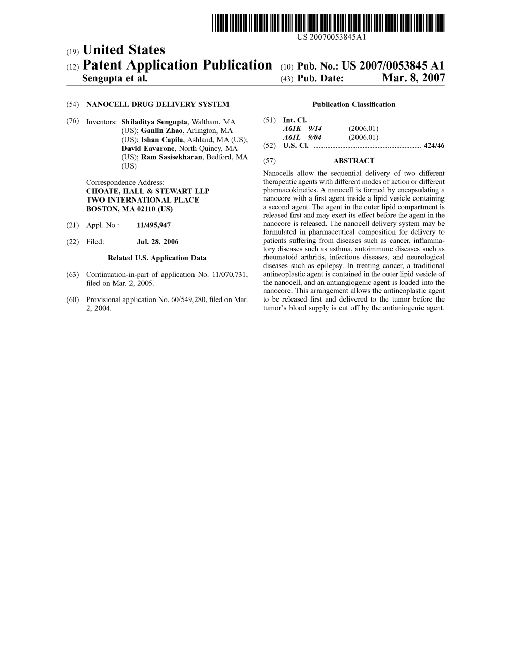 (12) Patent Application Publication (10) Pub. No.: US 2007/0053845 A1 Sengupta Et Al