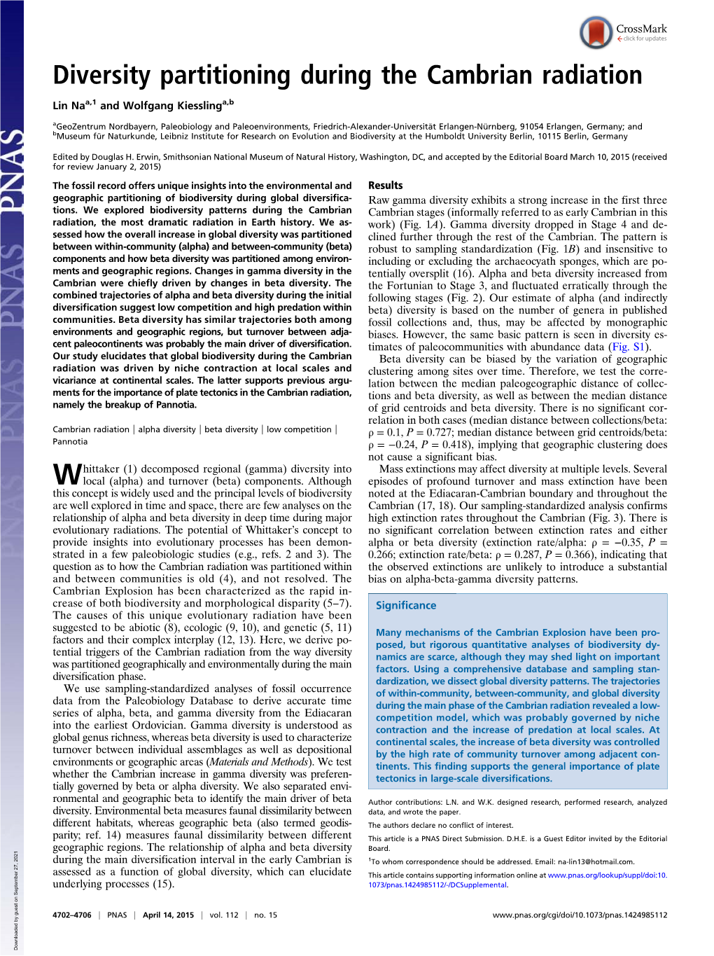 Diversity Partitioning During the Cambrian Radiation