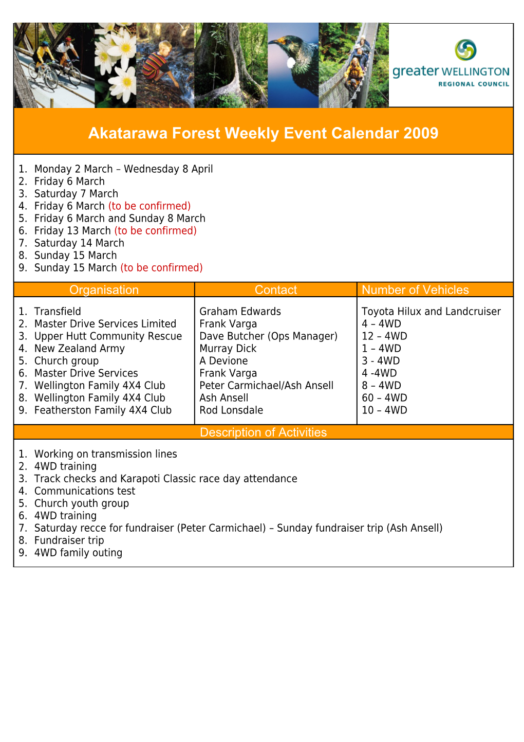 Akatarawa Forest Weekly Event Calendar