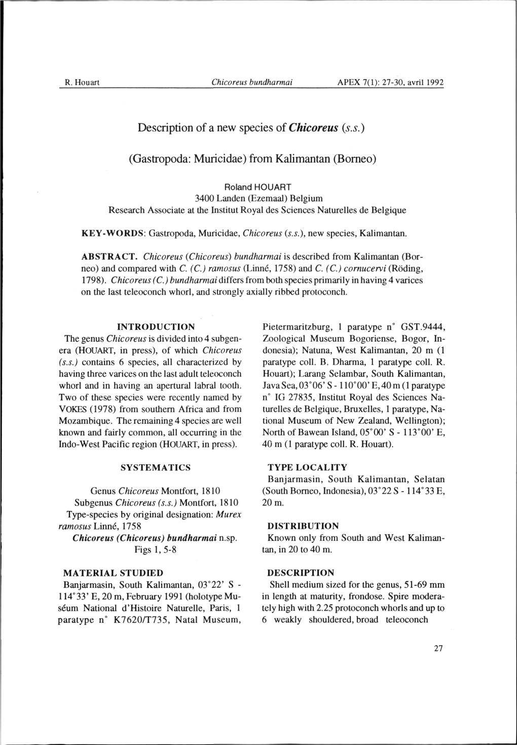 Description of a New Species of Chicoreus (S.S.) (Gastropoda