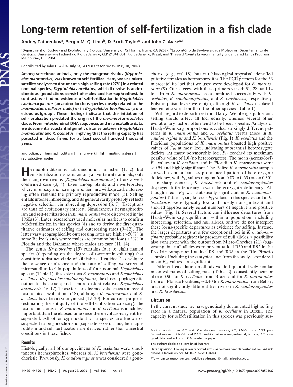 Long-Term Retention of Self-Fertilization in a Fish Clade