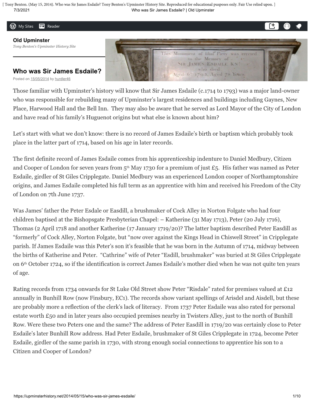 Who Was Sir James Esdaile? Tony Benton's Upminster History Site