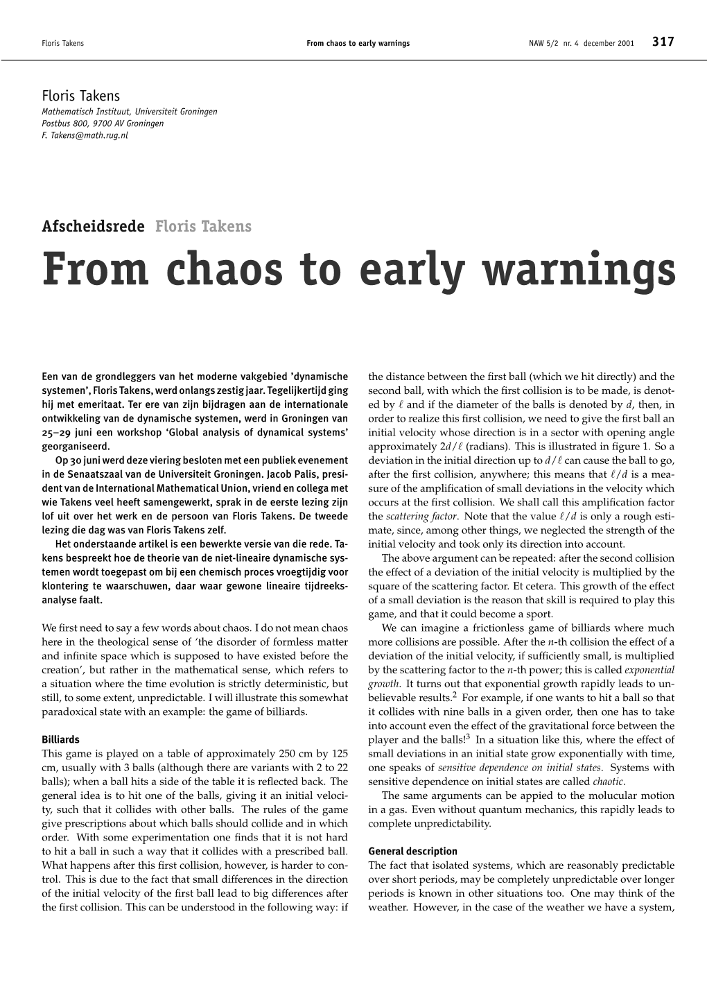 From Chaos to Early Warnings NAW 5/2 Nr