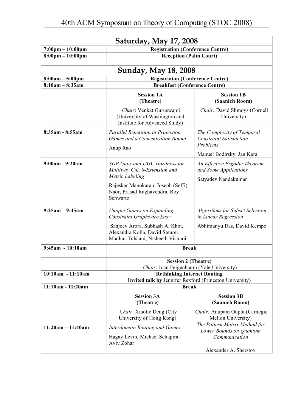 40Th ACM Symposium on Theory of Computing (STOC 2008) Saturday