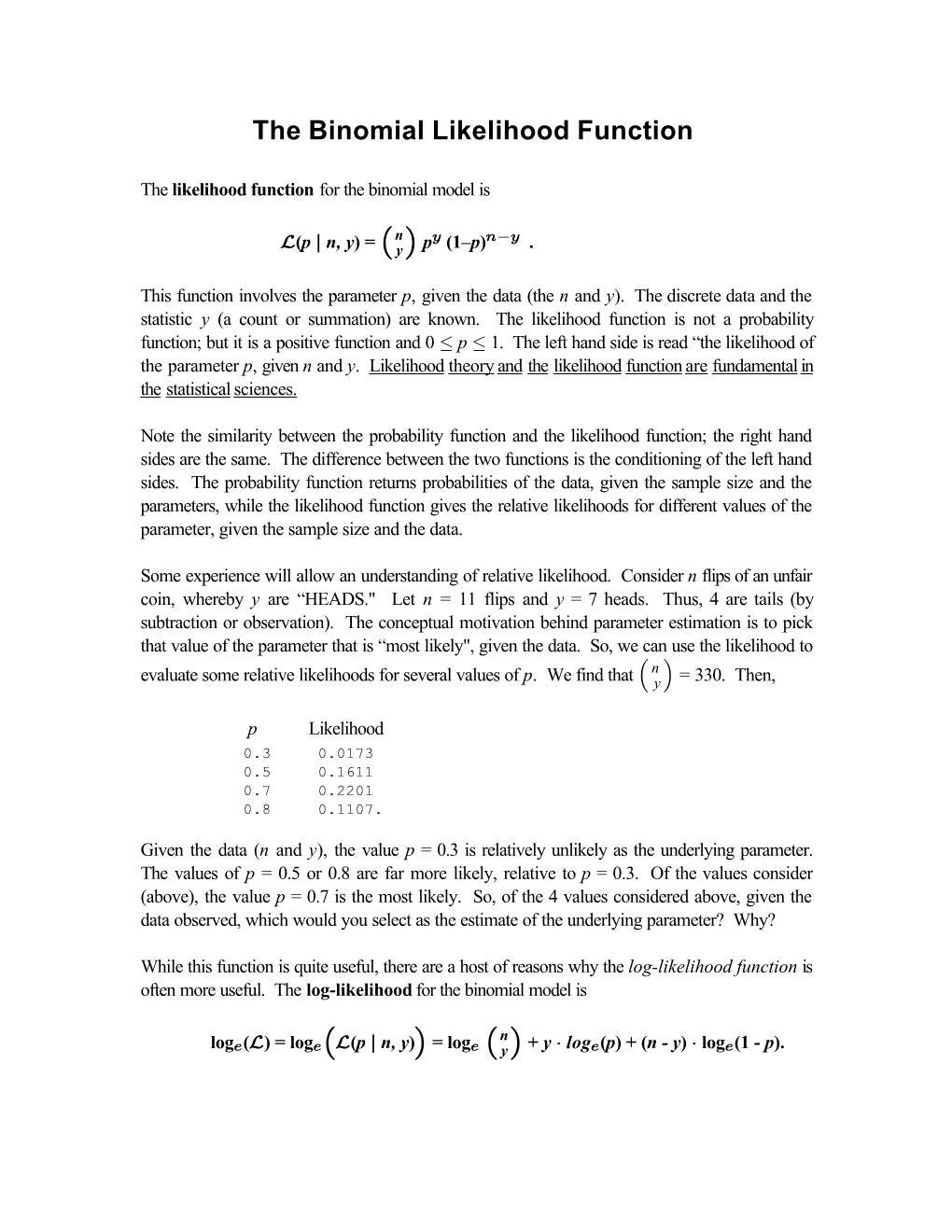 The Binomial Likelihood Function