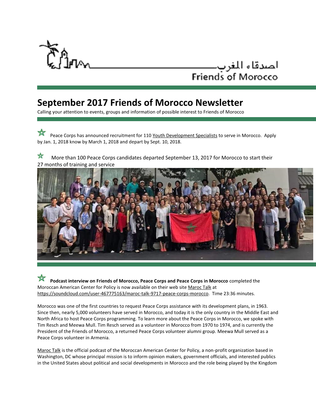 September 2017 Friends of Morocco Newsletter Calling Your Attention to Events, Groups and Information of Possible Interest to Friends of Morocco