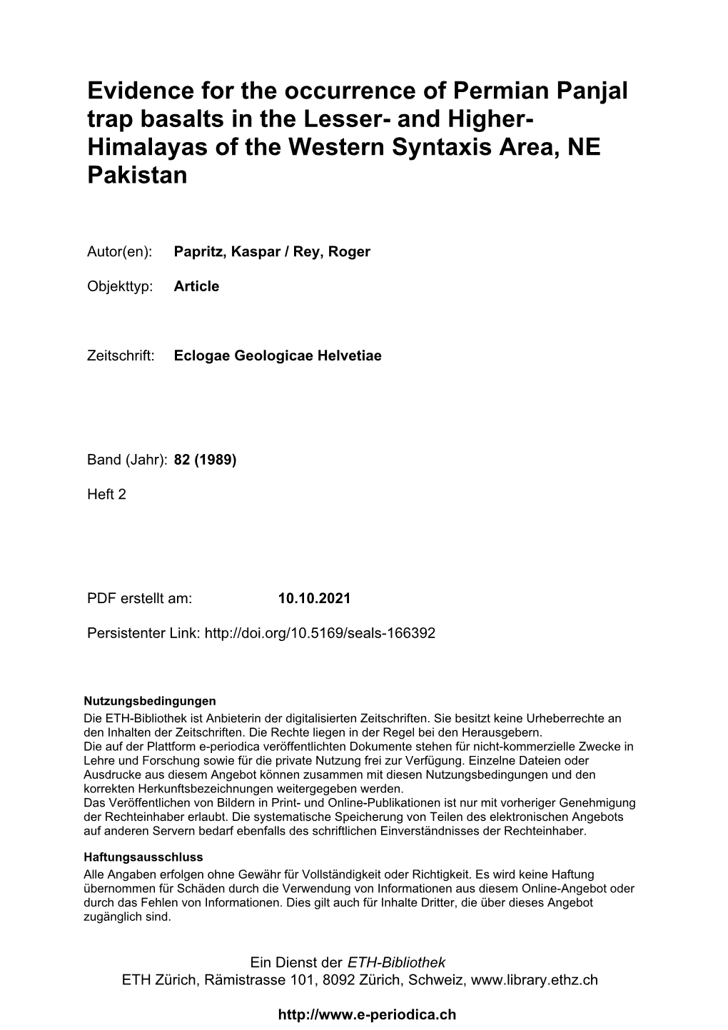 Evidence for the Occurrence of Permian Panjal Trap Basalts in the Lesser- and Higher- Himalayas of the Western Syntaxis Area, NE Pakistan