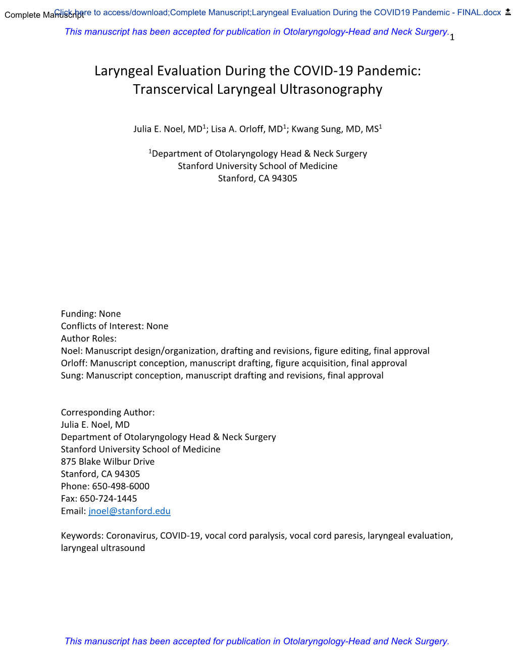 Laryngeal Evaluation During the COVID-19 Pandemic: Transcervical Laryngeal Ultrasonography