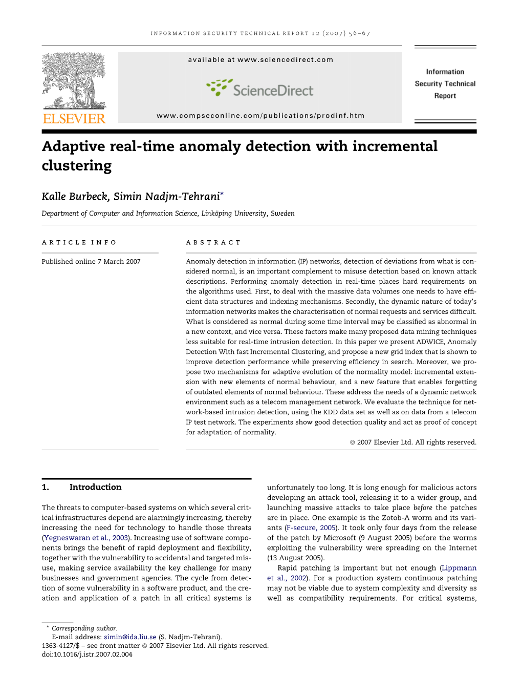 Adaptive Real-Time Anomaly Detection with Incremental Clustering