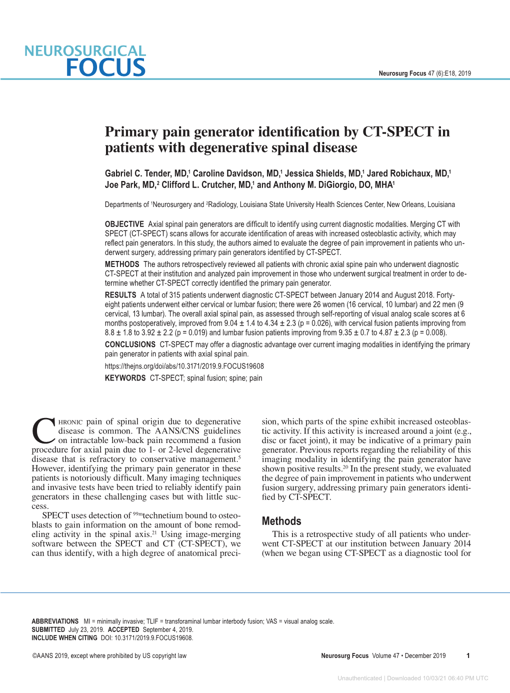 Primary Pain Generator Identification by CT-SPECT in Patients with Degenerative Spinal Disease