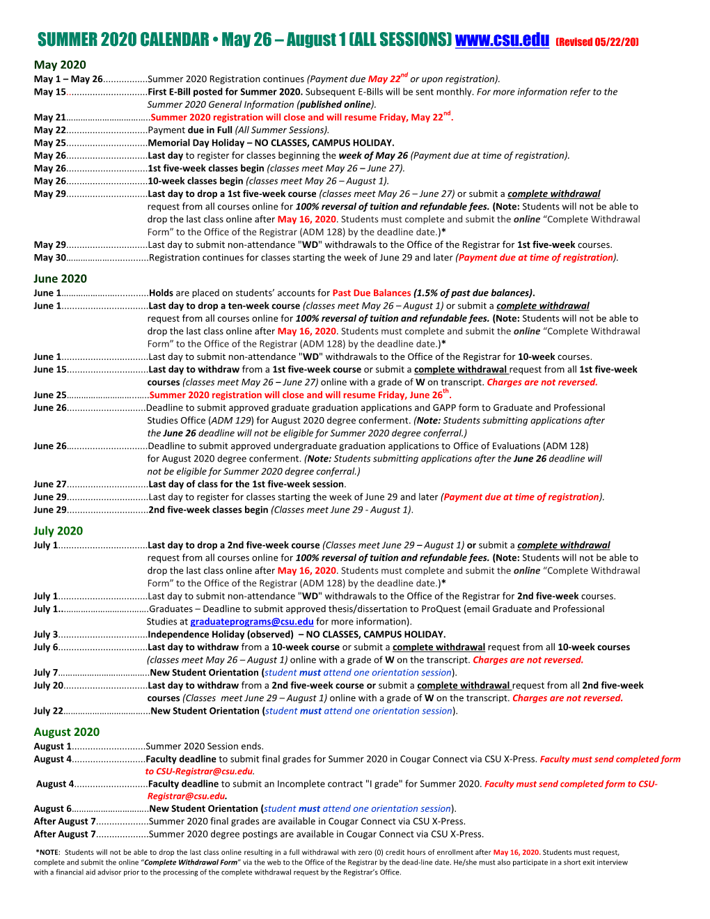 SUMMER 2020 CALENDAR • May 26 – August 1 (ALL SESSIONS) (Revised 05/22/20)