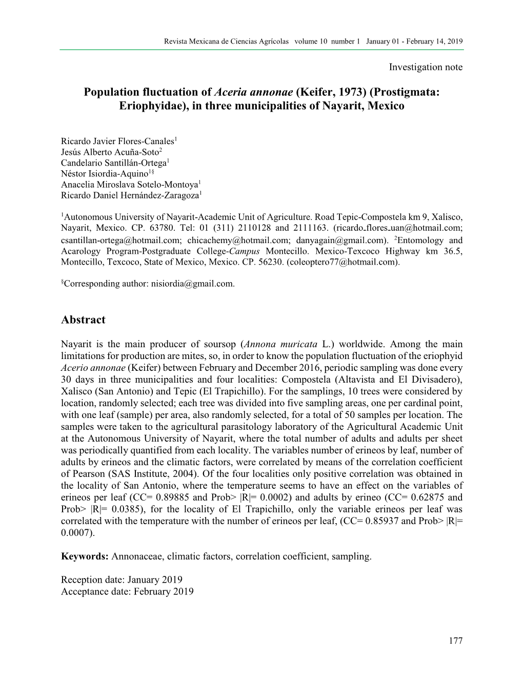 Population Fluctuation of Aceria Annonae (Keifer, 1973) (Prostigmata: Eriophyidae), in Three Municipalities of Nayarit, Mexico A