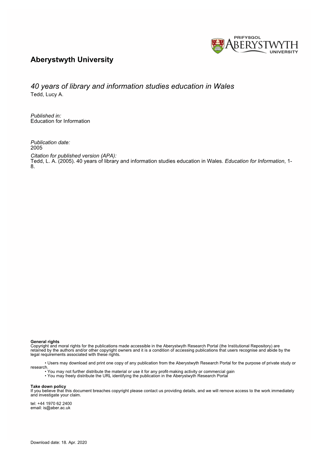 Aberystwyth University 40 Years of Library and Information Studies