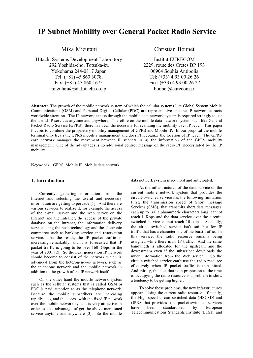 IP Subnet Mobility Over General Packet Radio Service